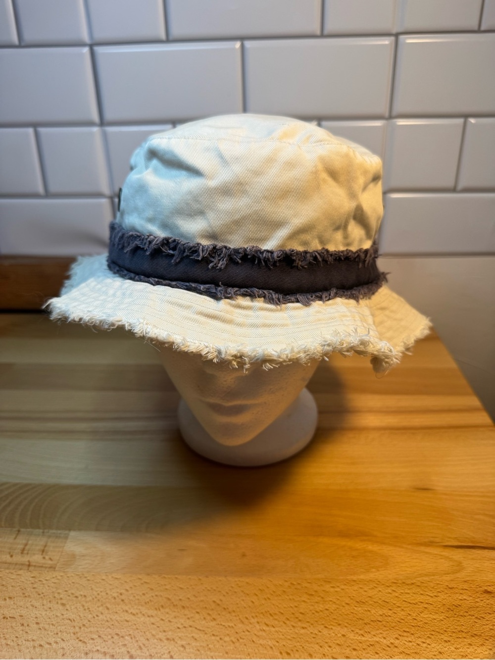 Kids Frayed Edge Bucket Hat in Cream with Charcoal Band